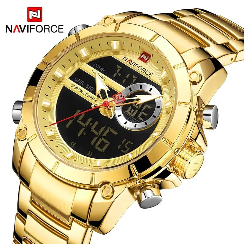 NAVIFORCE 9163 Luxus Original Sport Armbanduhr Für Männer Quarz Stahl Wasserdicht Dual Display Militär Uhren Relogio Masculino