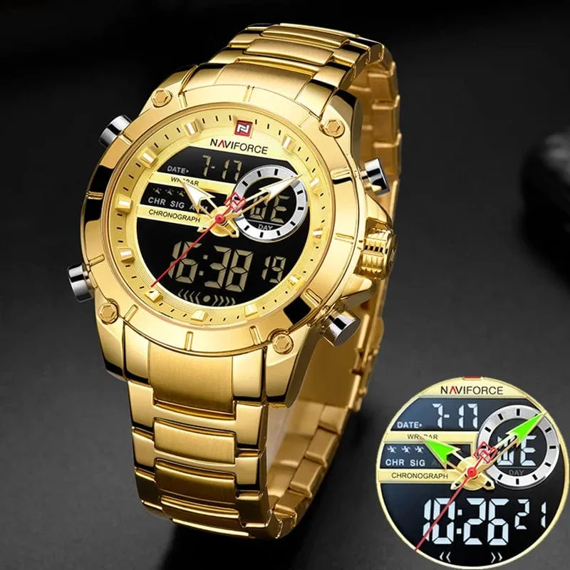 NAVIFORCE 9163 Luxus Original Sport Armbanduhr Für Männer Quarz Stahl Wasserdicht Dual Display Militär Uhren Relogio Masculino