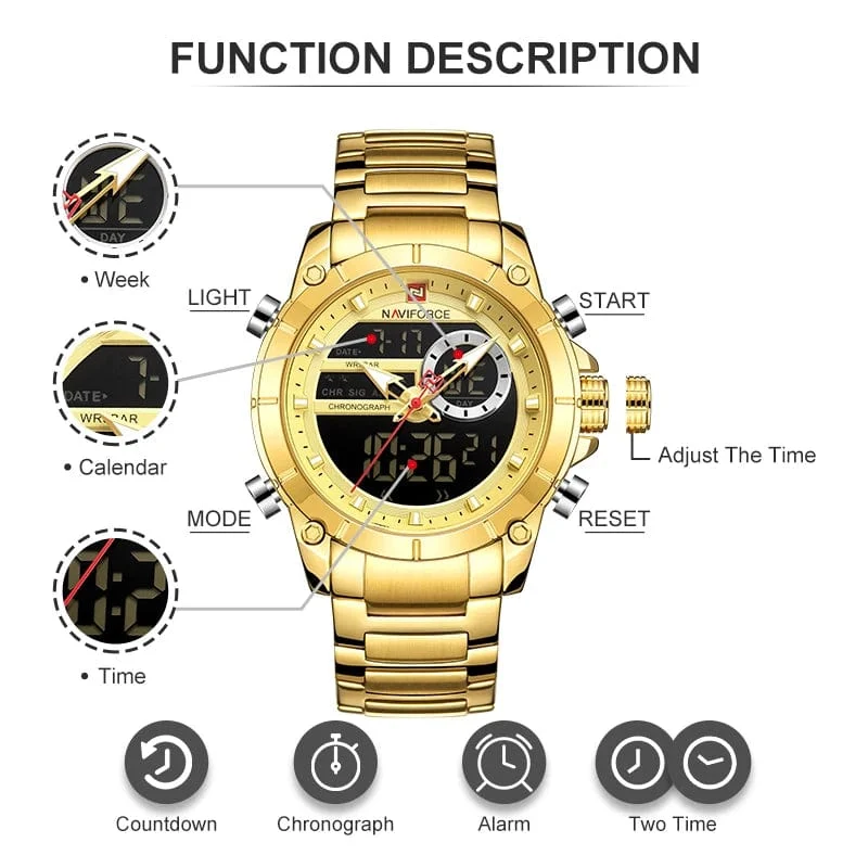 NAVIFORCE 9163 Luxus Original Sport Armbanduhr Für Männer Quarz Stahl Wasserdicht Dual Display Militär Uhren Relogio Masculino