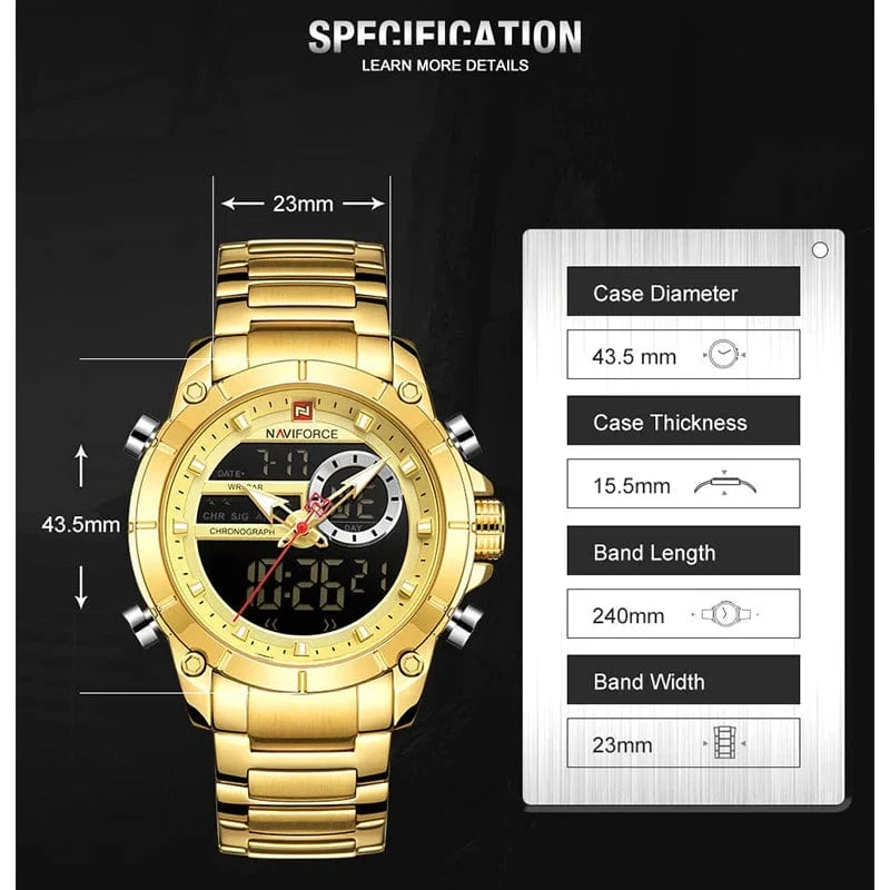 NAVIFORCE 9163 Luxus Original Sport Armbanduhr Für Männer Quarz Stahl Wasserdicht Dual Display Militär Uhren Relogio Masculino