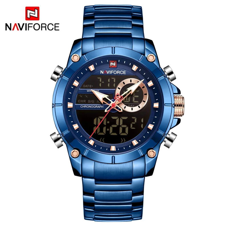 NAVIFORCE 9163 Luxus Original Sport Armbanduhr Für Männer Quarz Stahl Wasserdicht Dual Display Militär Uhren Relogio Masculino