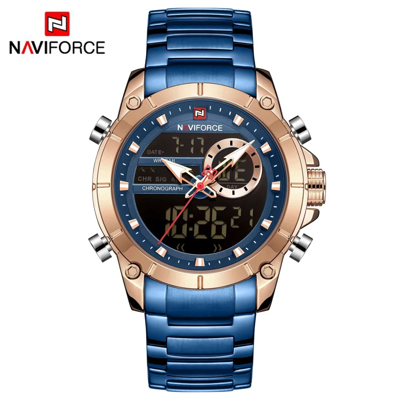 NAVIFORCE 9163 Luxus Original Sport Armbanduhr Für Männer Quarz Stahl Wasserdicht Dual Display Militär Uhren Relogio Masculino