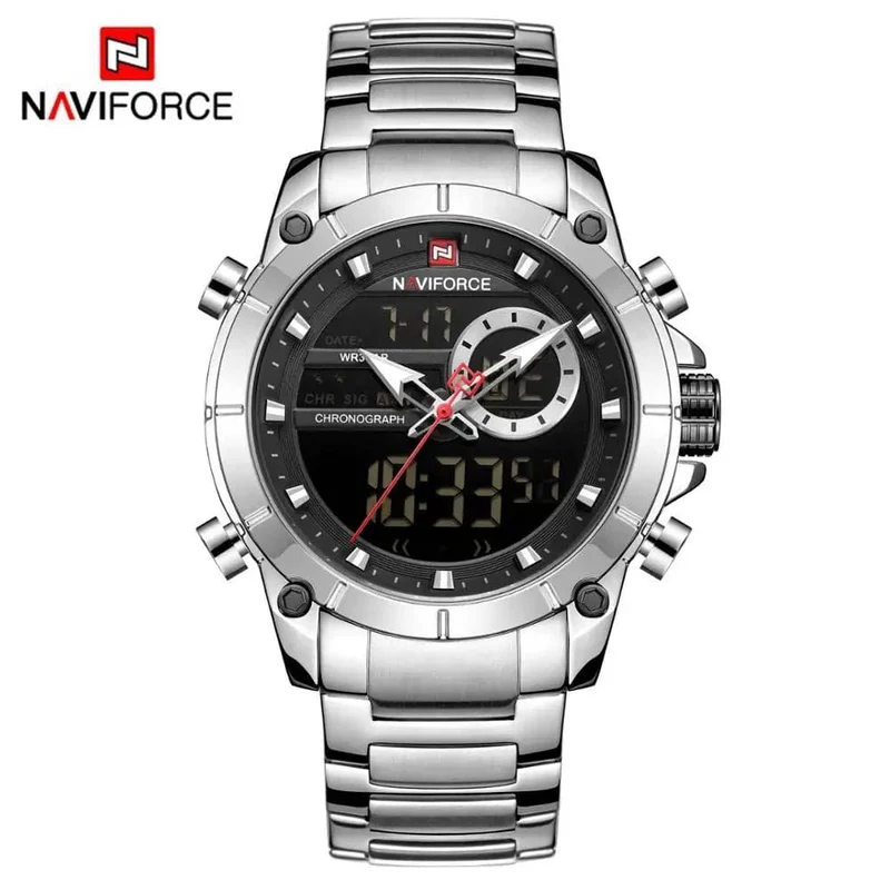 NAVIFORCE 9163 Luxus Original Sport Armbanduhr Für Männer Quarz Stahl Wasserdicht Dual Display Militär Uhren Relogio Masculino