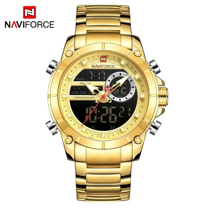NAVIFORCE 9163 Luxus Original Sport Armbanduhr Für Männer Quarz Stahl Wasserdicht Dual Display Militär Uhren Relogio Masculino