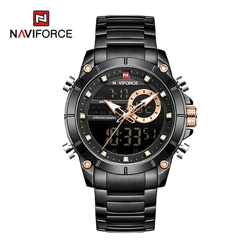 NAVIFORCE 9163 Luxus Original Sport Armbanduhr Für Männer Quarz Stahl Wasserdicht Dual Display Militär Uhren Relogio Masculino