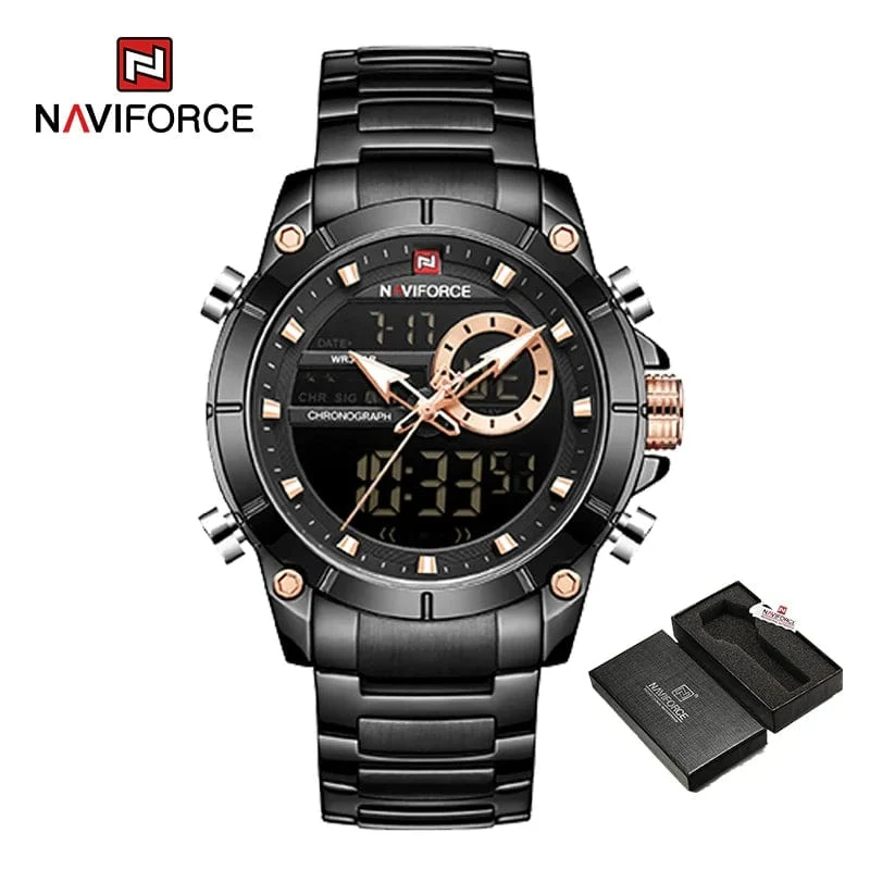 NAVIFORCE 9163 Luxus Original Sport Armbanduhr Für Männer Quarz Stahl Wasserdicht Dual Display Militär Uhren Relogio Masculino