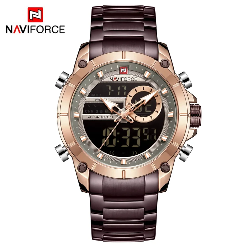 NAVIFORCE 9163 Luxus Original Sport Armbanduhr Für Männer Quarz Stahl Wasserdicht Dual Display Militär Uhren Relogio Masculino