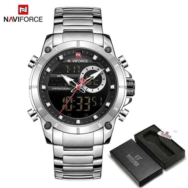 NAVIFORCE 9163 Luxus Original Sport Armbanduhr Für Männer Quarz Stahl Wasserdicht Dual Display Militär Uhren Relogio Masculino
