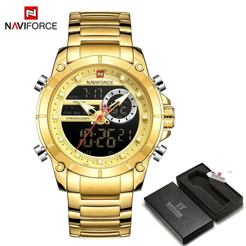NAVIFORCE 9163 Luxus Original Sport Armbanduhr Für Männer Quarz Stahl Wasserdicht Dual Display Militär Uhren Relogio Masculino