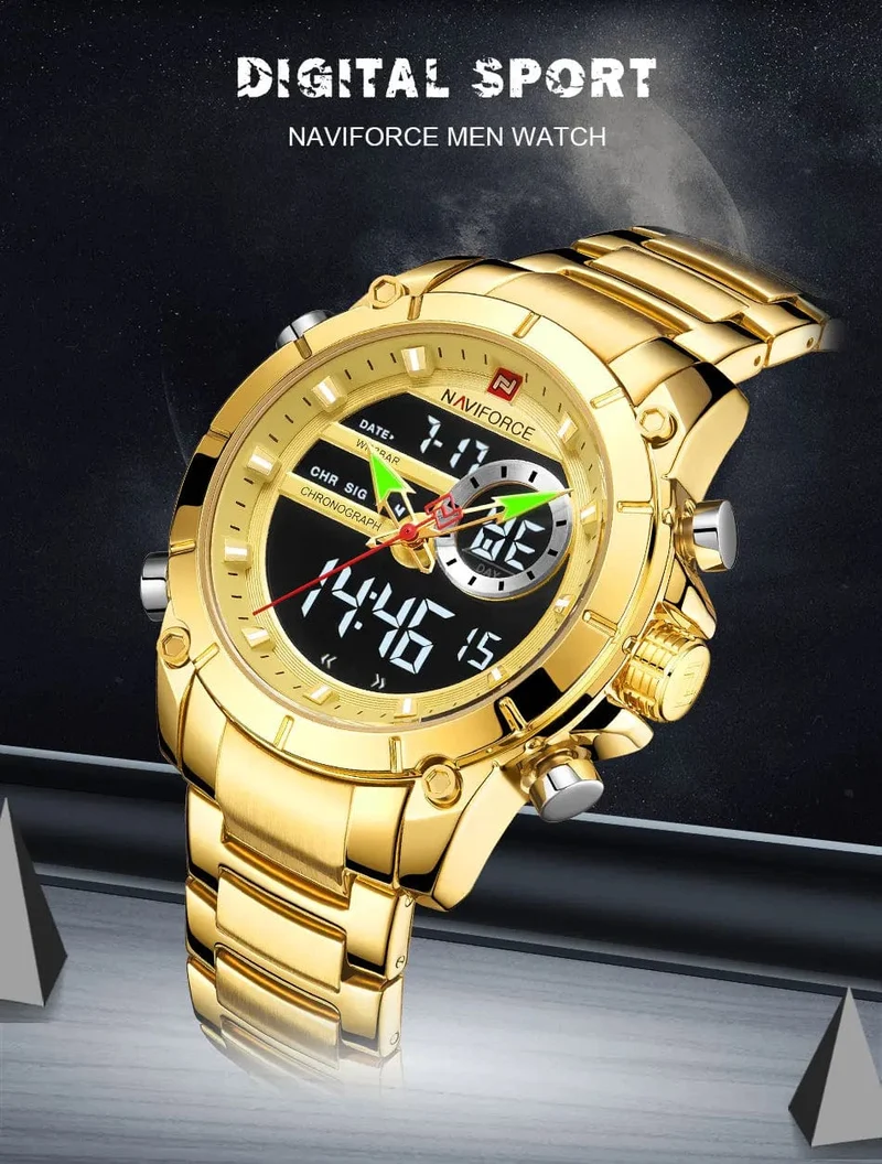 NAVIFORCE 9163 Luxus Original Sport Armbanduhr Für Männer Quarz Stahl Wasserdicht Dual Display Militär Uhren Relogio Masculino