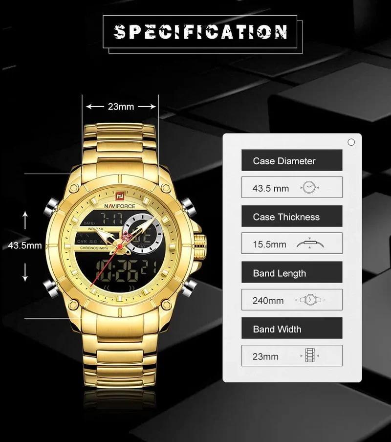 NAVIFORCE 9163 Luxus Original Sport Armbanduhr Für Männer Quarz Stahl Wasserdicht Dual Display Militär Uhren Relogio Masculino