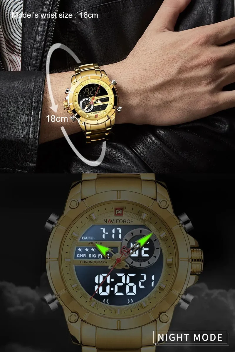 NAVIFORCE 9163 Luxus Original Sport Armbanduhr Für Männer Quarz Stahl Wasserdicht Dual Display Militär Uhren Relogio Masculino