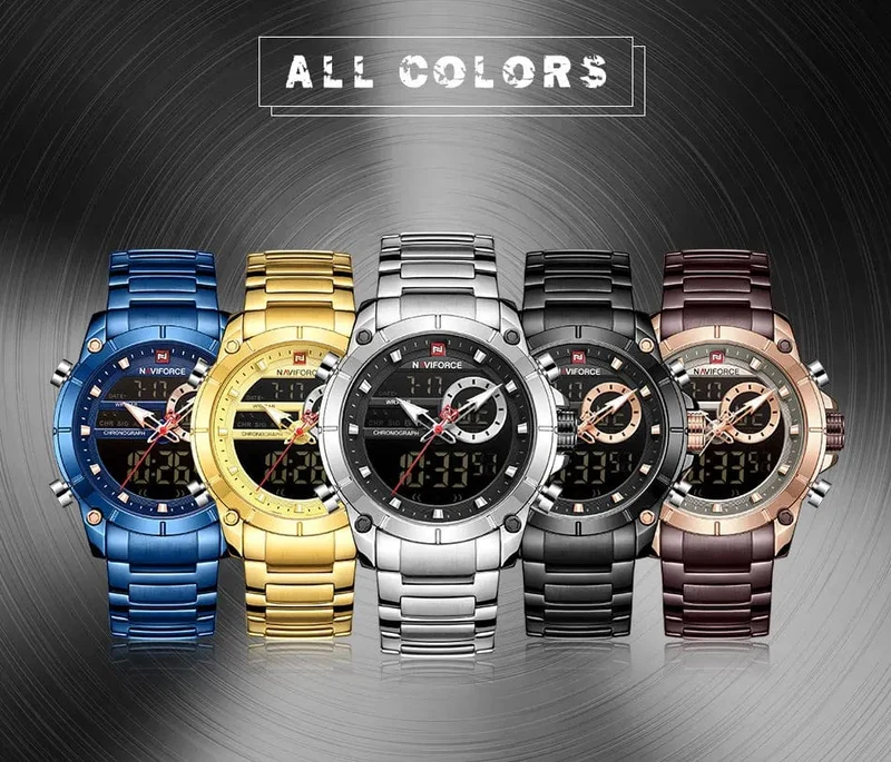 NAVIFORCE 9163 Luxus Original Sport Armbanduhr Für Männer Quarz Stahl Wasserdicht Dual Display Militär Uhren Relogio Masculino