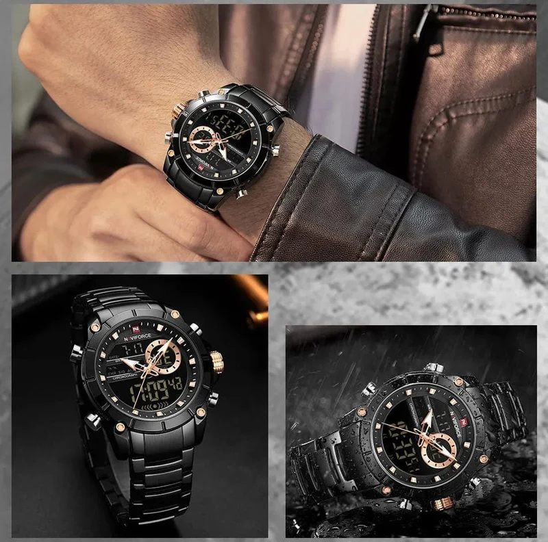 NAVIFORCE 9163 Luxus Original Sport Armbanduhr Für Männer Quarz Stahl Wasserdicht Dual Display Militär Uhren Relogio Masculino