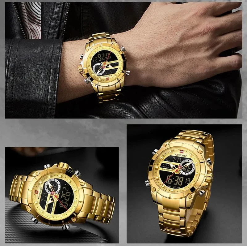 NAVIFORCE 9163 Luxus Original Sport Armbanduhr Für Männer Quarz Stahl Wasserdicht Dual Display Militär Uhren Relogio Masculino