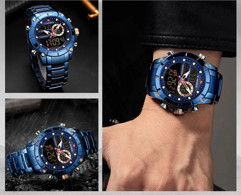 NAVIFORCE 9163 Luxus Original Sport Armbanduhr Für Männer Quarz Stahl Wasserdicht Dual Display Militär Uhren Relogio Masculino