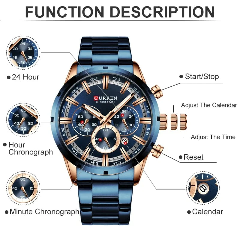 CURREN Herrenuhr – Topmarke, Luxus-Sportuhr, Quarz, Vollstahl, wasserdicht, Chronograph, Armbanduhr, Herrenuhr, Relogio Masculino