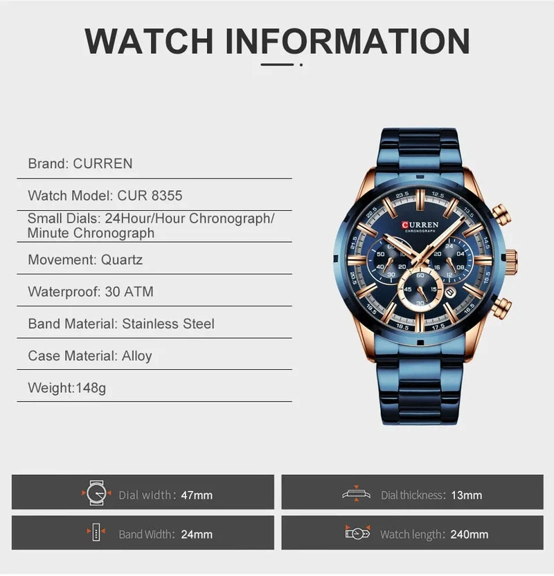 CURREN Herrenuhr – Topmarke, Luxus-Sportuhr, Quarz, Vollstahl, wasserdicht, Chronograph, Armbanduhr, Herrenuhr, Relogio Masculino