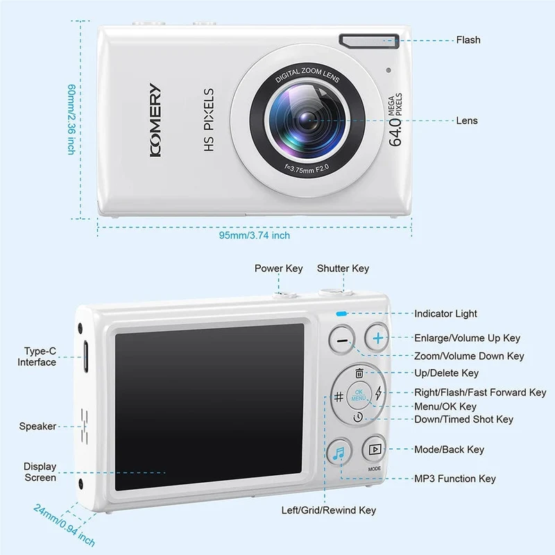 4K-Digitalkameras für die Fotografie, 18-facher Digitalzoom, Fotokameras für Kinder, 64 MP, Autofokus, Vlogging-Videokamera für YouTube