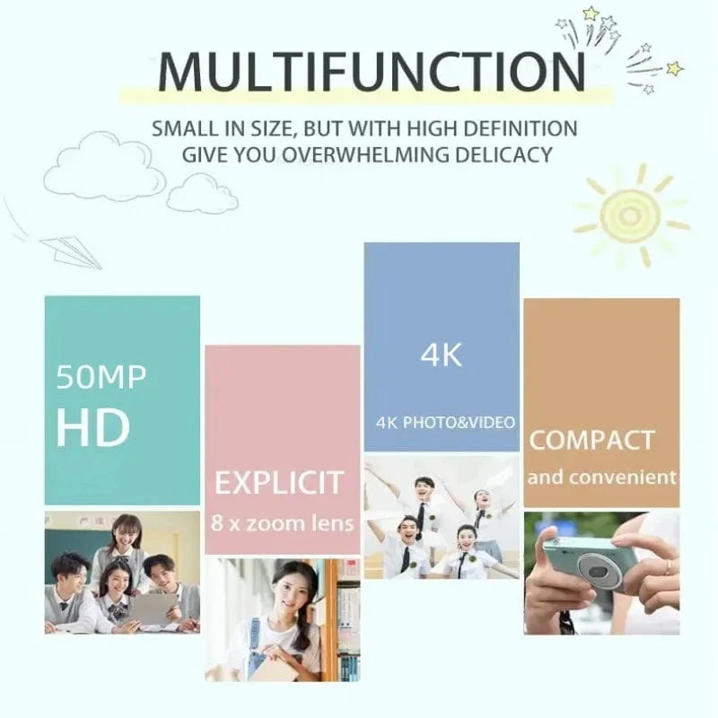4K-Digitalkamera, 50 Megapixel, HD-Fotografie, Reise-Selfie-Kamera, 2.4-Zoll-Bildschirm, Einsteiger-Selfie-Minikamera für den Kindercampus