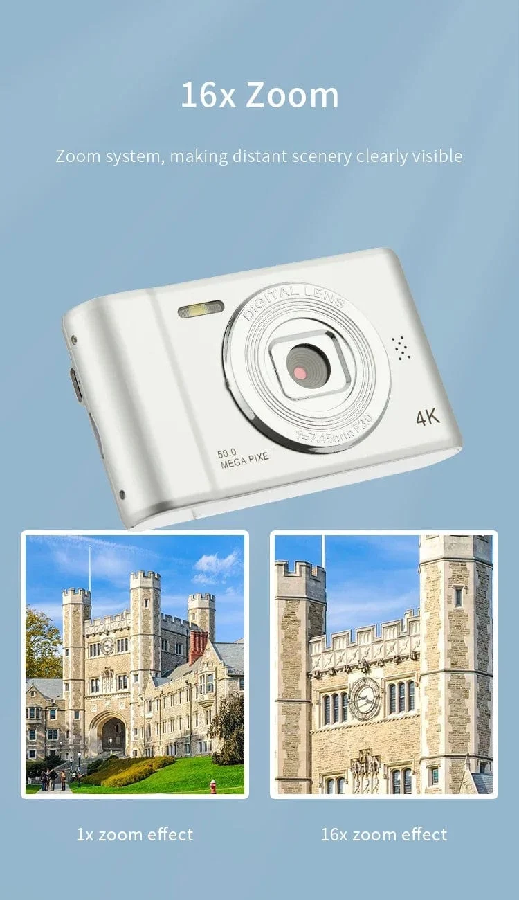 4K-Digitalkamera, 50 Megapixel, HD-Fotografie, Reise-Selfie-Kamera, 2.4-Zoll-Bildschirm, Einsteiger-Selfie-Minikamera für den Kindercampus