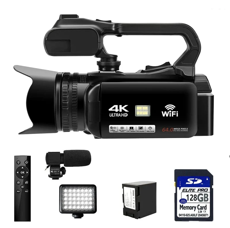 WIFI-Camcorder, 4K-Videokamera, 64 MP, 60 FPS, HD, Autofokus, Vlogging, 4.0-Zoll-Touchscreen, 18-facher Zoom für Live-Streaming