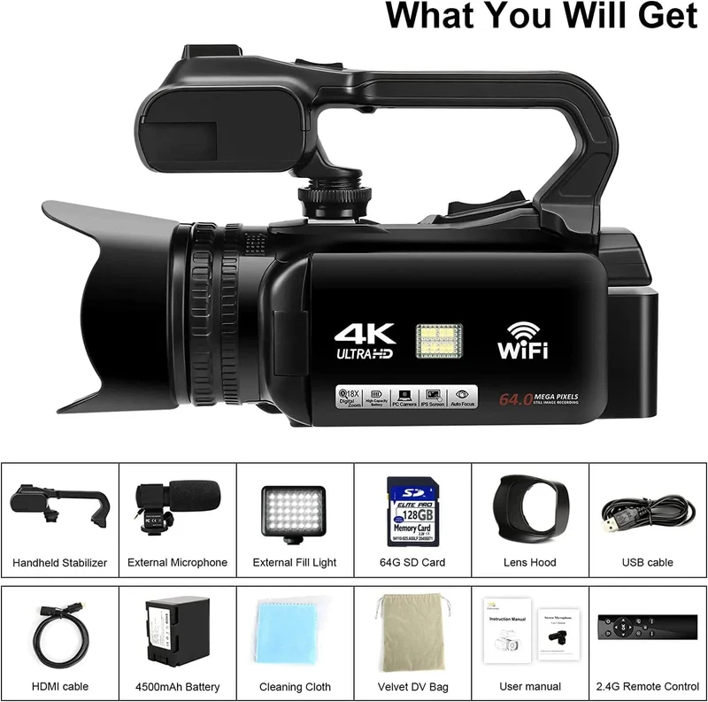WIFI-Camcorder, 4K-Videokamera, 64 MP, 60 FPS, HD, Autofokus, Vlogging, 4.0-Zoll-Touchscreen, 18-facher Zoom für Live-Streaming