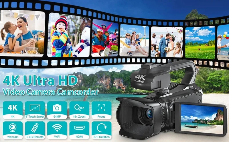 WIFI-Camcorder, 4K-Videokamera, 64 MP, 60 FPS, HD, Autofokus, Vlogging, 4.0-Zoll-Touchscreen, 18-facher Zoom für Live-Streaming