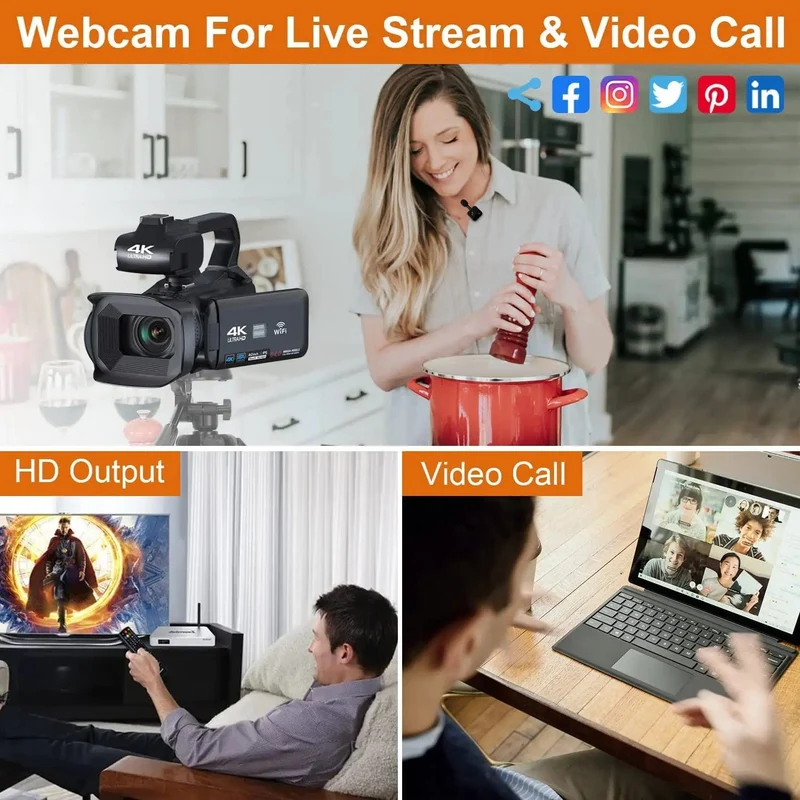 WIFI-Camcorder, 4K-Videokamera, 64 MP, 60 FPS, HD, Autofokus, Vlogging, 4.0-Zoll-Touchscreen, 18-facher Zoom für Live-Streaming