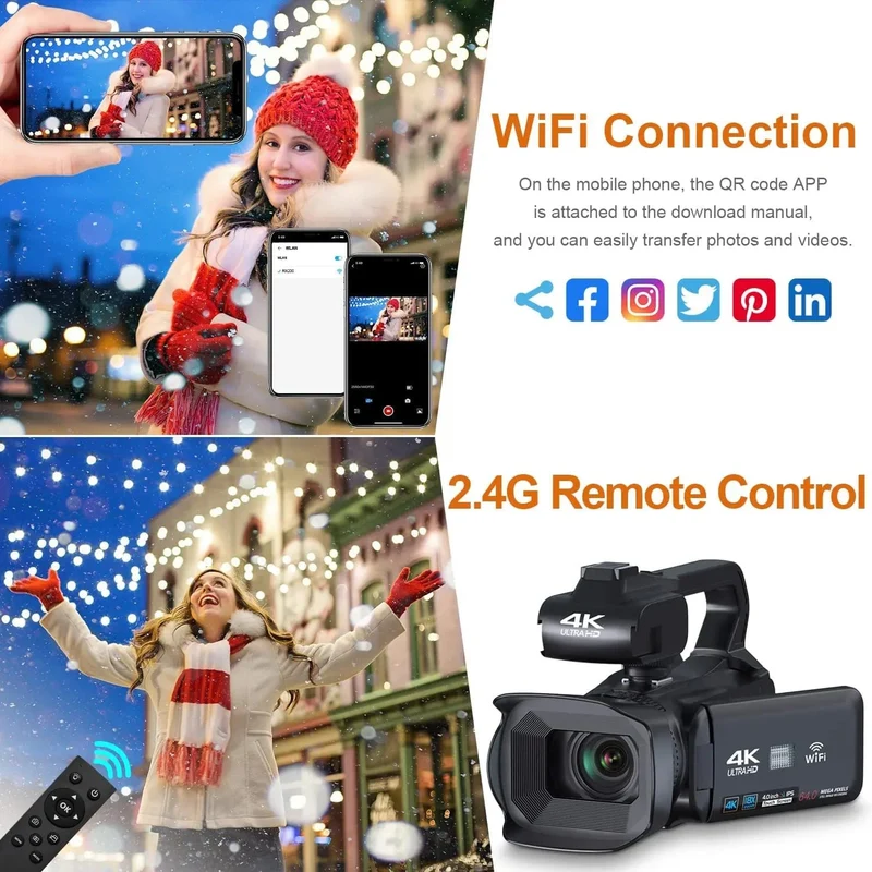 WIFI-Camcorder, 4K-Videokamera, 64 MP, 60 FPS, HD, Autofokus, Vlogging, 4.0-Zoll-Touchscreen, 18-facher Zoom für Live-Streaming