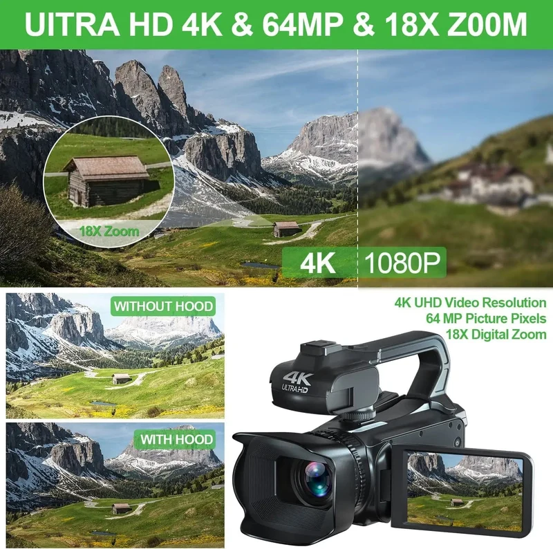 WIFI-Camcorder, 4K-Videokamera, 64 MP, 60 FPS, HD, Autofokus, Vlogging, 4.0-Zoll-Touchscreen, 18-facher Zoom für Live-Streaming