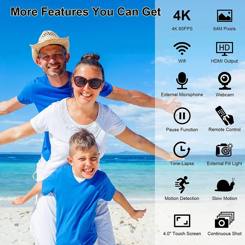 WIFI-Camcorder, 4K-Videokamera, 64 MP, 60 FPS, HD, Autofokus, Vlogging, 4.0-Zoll-Touchscreen, 18-facher Zoom für Live-Streaming