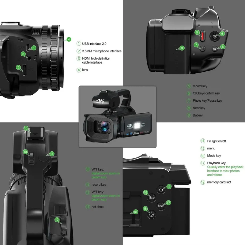 WIFI-Camcorder, 4K-Videokamera, 64 MP, 60 FPS, HD, Autofokus, Vlogging, 4.0-Zoll-Touchscreen, 18-facher Zoom für Live-Streaming