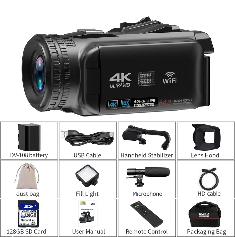 WIFI-Camcorder, 4K-Videokamera, 64 MP, 60 FPS, HD, Autofokus, Vlogging, 4.0-Zoll-Touchscreen, 18-facher Zoom für Live-Streaming