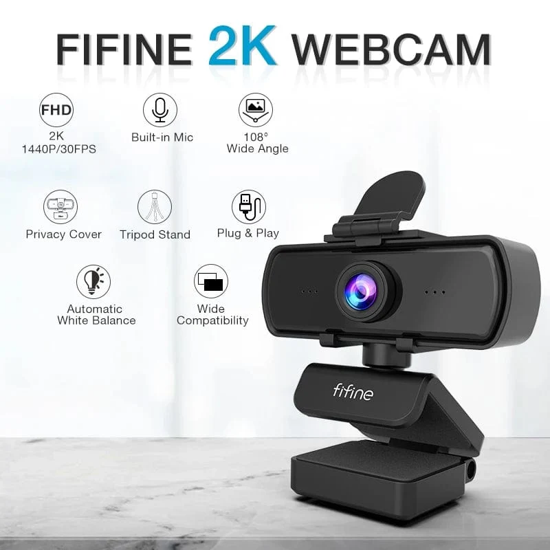 FIFINE 1440p Full HD PC-Webcam mit Mikrofon, Stativ, für USB-Desktop und Laptop, Live-Streaming-Webcam für Videoanrufe-K420
