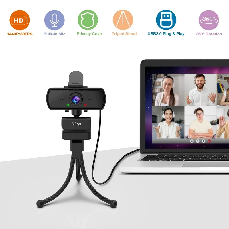 FIFINE 1440p Full HD PC-Webcam mit Mikrofon, Stativ, für USB-Desktop und Laptop, Live-Streaming-Webcam für Videoanrufe-K420