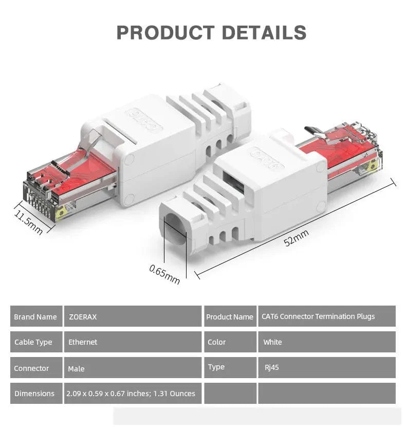 ZoeRax 1 STK Werkzeugloser RJ45 CAT6-Anschluss Ethernet-Abschlussstecker, 23 AWG bis 26 AWG Kabel Internet-Stecker Installation ohne Werkzeug
