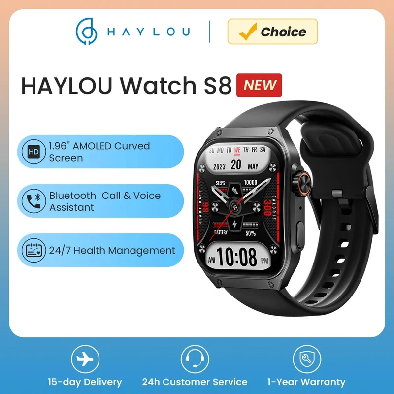 HAYLOU Watch S8 Smart Watch 1.96 Zoll AMOLED Curved Screen Smartwatch Bluetooth Call AI Voice Assistant Smartwatches für Herren