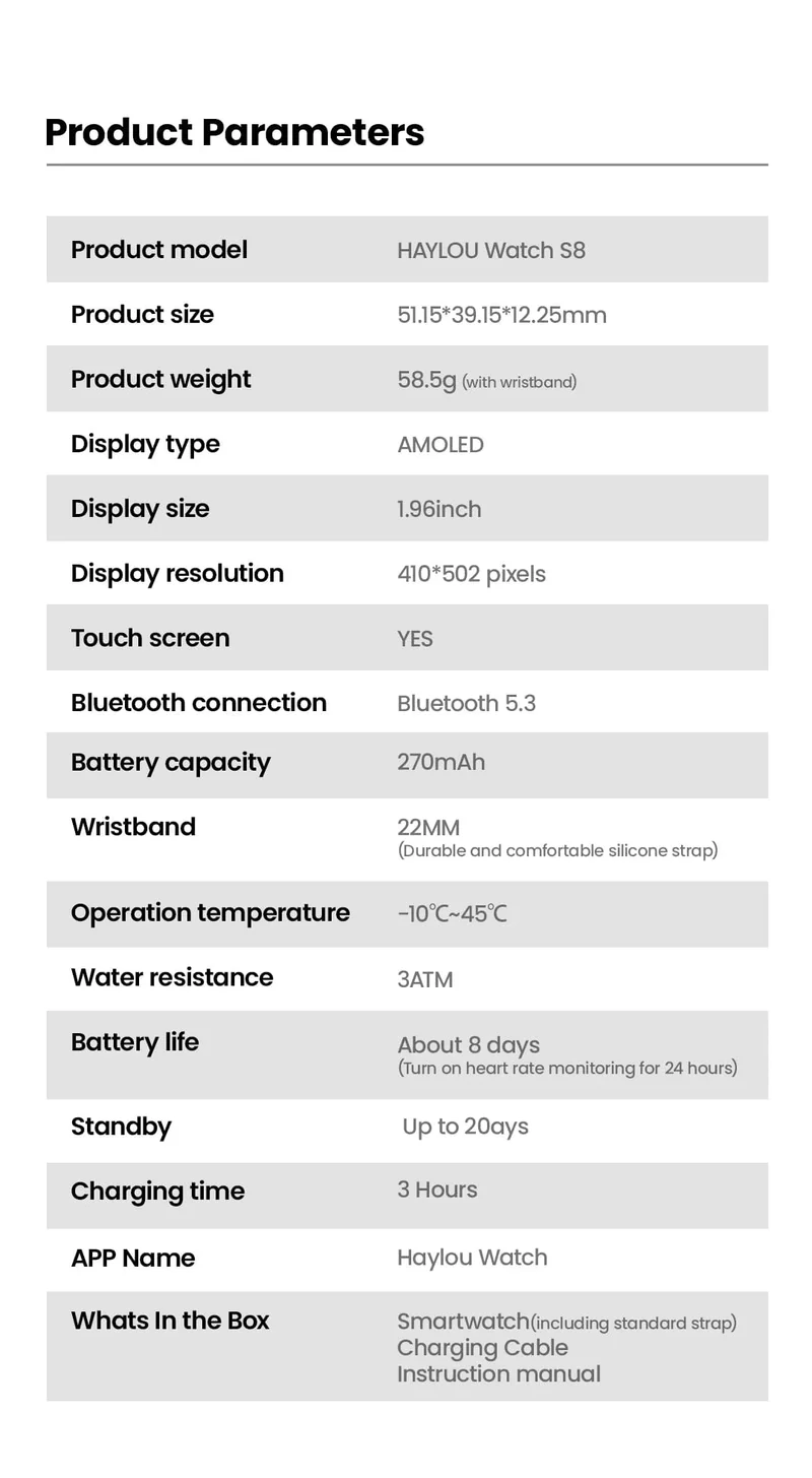 HAYLOU Watch S8 Smart Watch 1.96 Zoll AMOLED Curved Screen Smartwatch Bluetooth Call AI Voice Assistant Smartwatches für Herren