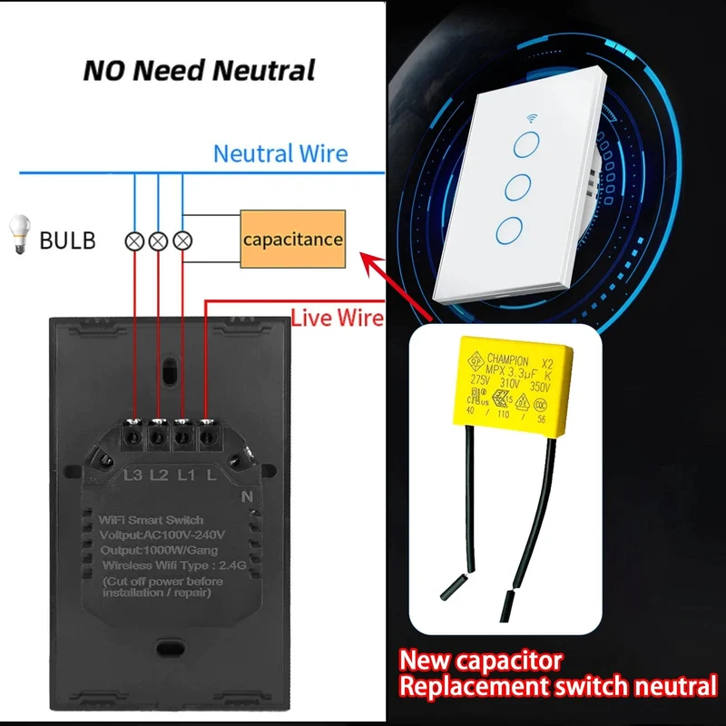 Kondensator 3.3 UF 275 VAC Anti-Lichtblitz-Sicherheitskondensator. Geeignet für intelligente Touch-Schalter ohne Neutralleiter, elektrische Lüfter usw.