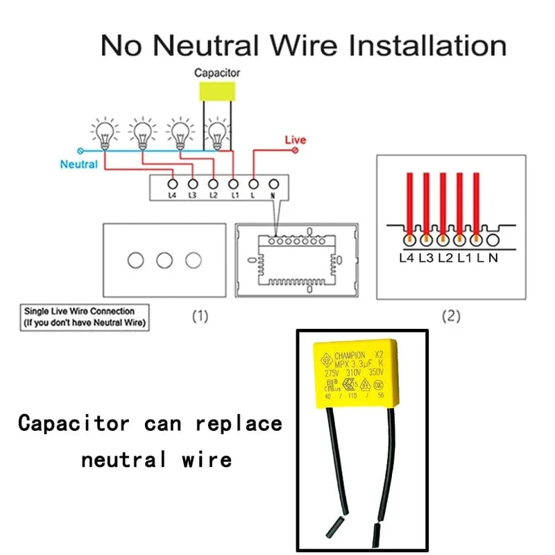 Kondensator 3.3 UF 275 VAC Anti-Lichtblitz-Sicherheitskondensator. Geeignet für intelligente Touch-Schalter ohne Neutralleiter, elektrische Lüfter usw.
