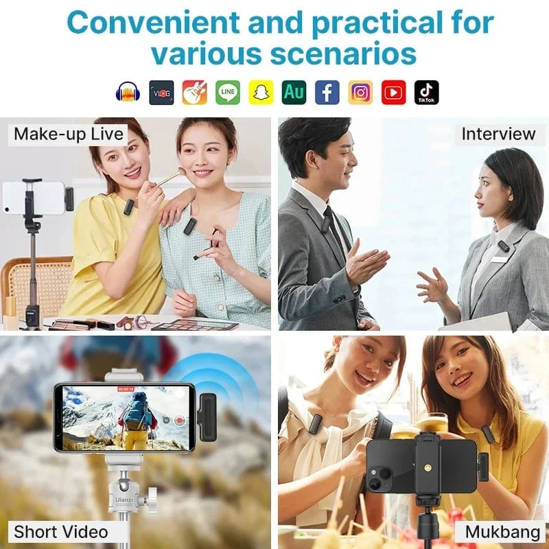 Ulanzi J12 Wireless Lavalier-mikrofon Ansteckmikrofone Set Kurze Videoaufnahme Mini-Mikrofon für iPhone Android Live-Übertragung