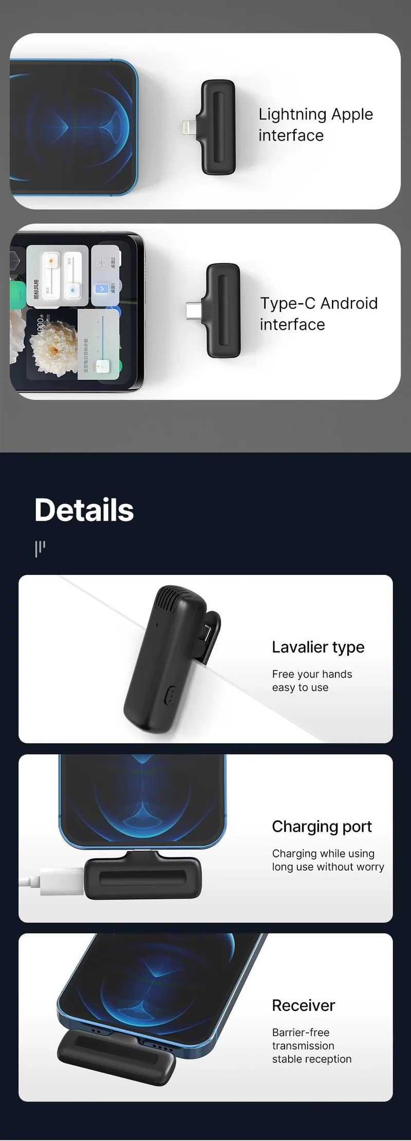 Ulanzi J12 Wireless Lavalier-mikrofon Ansteckmikrofone Set Kurze Videoaufnahme Mini-Mikrofon für iPhone Android Live-Übertragung