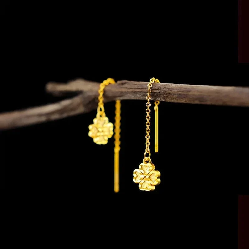 Echte K-Gold-Tropfen-Klee-Ohrringe, schlichtes Design für Frauen, Quasten-Ohrringe, edler Schmuck, Glücksschmuck, Geburtstagsgeschenke