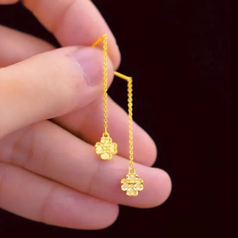 Echte K-Gold-Tropfen-Klee-Ohrringe, schlichtes Design für Frauen, Quasten-Ohrringe, edler Schmuck, Glücksschmuck, Geburtstagsgeschenke