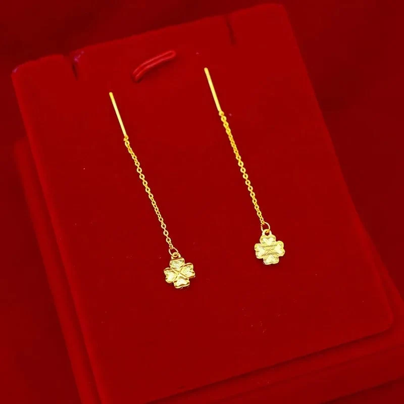 Echte K-Gold-Tropfen-Klee-Ohrringe, schlichtes Design für Frauen, Quasten-Ohrringe, edler Schmuck, Glücksschmuck, Geburtstagsgeschenke