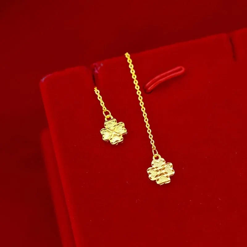 Echte K-Gold-Tropfen-Klee-Ohrringe, schlichtes Design für Frauen, Quasten-Ohrringe, edler Schmuck, Glücksschmuck, Geburtstagsgeschenke