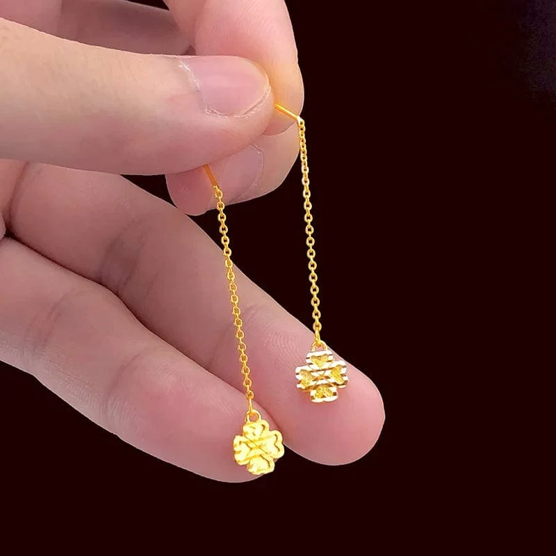 Echte K-Gold-Tropfen-Klee-Ohrringe, schlichtes Design für Frauen, Quasten-Ohrringe, edler Schmuck, Glücksschmuck, Geburtstagsgeschenke
