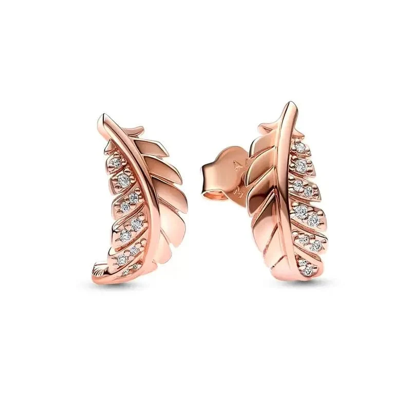 14 Karat Roségold plattiertes 925er Silber, funkelnde Unendlichkeits-Ohrstecker, schwebende, gebogene Feder-Ohrstecker, edler Schmuck für Damen