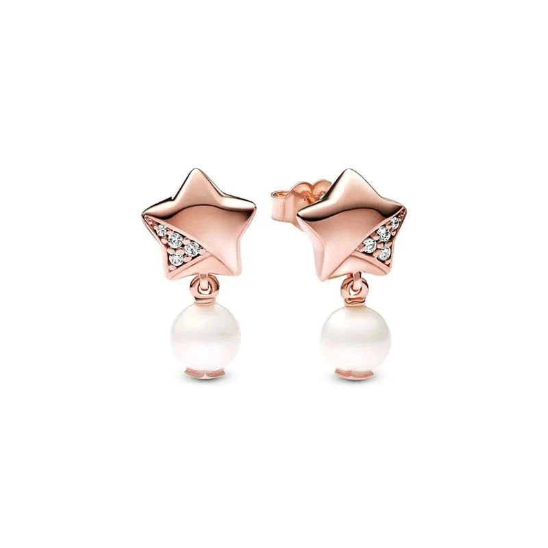 14 Karat Roségold plattiertes 925er Silber, funkelnde Unendlichkeits-Ohrstecker, schwebende, gebogene Feder-Ohrstecker, edler Schmuck für Damen